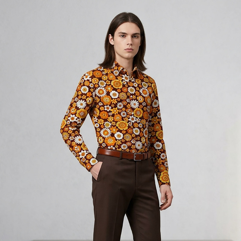 Cross-Border Popular Men's Long-Sleeved Shirt 70S Disco Digital Printed Shirt Spring & Fall Casual Fashion