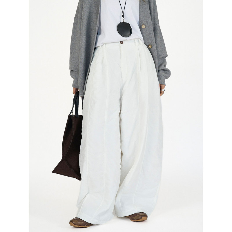 Lufu Autumn and Winter New Japanese Style Casual Simple Quilted Pleated Casual Pants Fluffy Shape Comfortable Warm Pants for Women