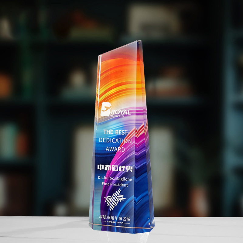 Trofeo de cristal de grabación reunión anual de competición de premios medallas de metal de madera sólida colorido trofeo de cristal impreso