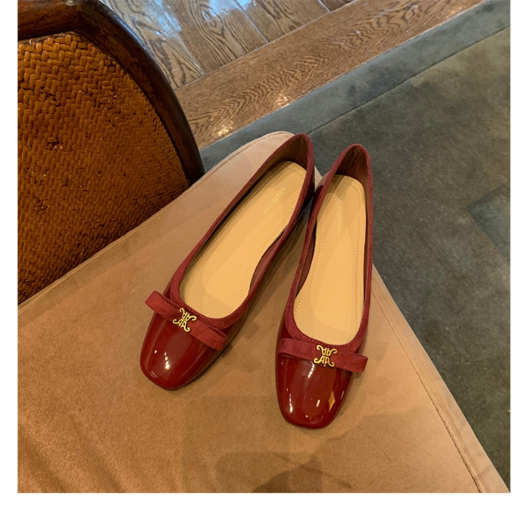 Grape Mom's New Autumn and Winter Style Increases the Height by 3cm~ Elegant Gold Buckle Bow Square Toe Thick-Soled Shallow Mouth Flats for Women