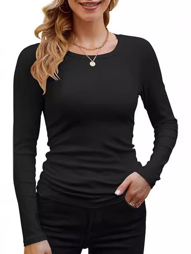 2024 Cross-border Women's Amazon Women's Ribbed Cotton Fabric Basic Round Neck Solid Color Long Sleeve T-shirt Slim Fit