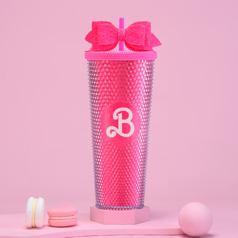 Taza de paja de plástico de doble capa 710ml taza de paja de gran capacidad con brillo arco mano taza Durian taza