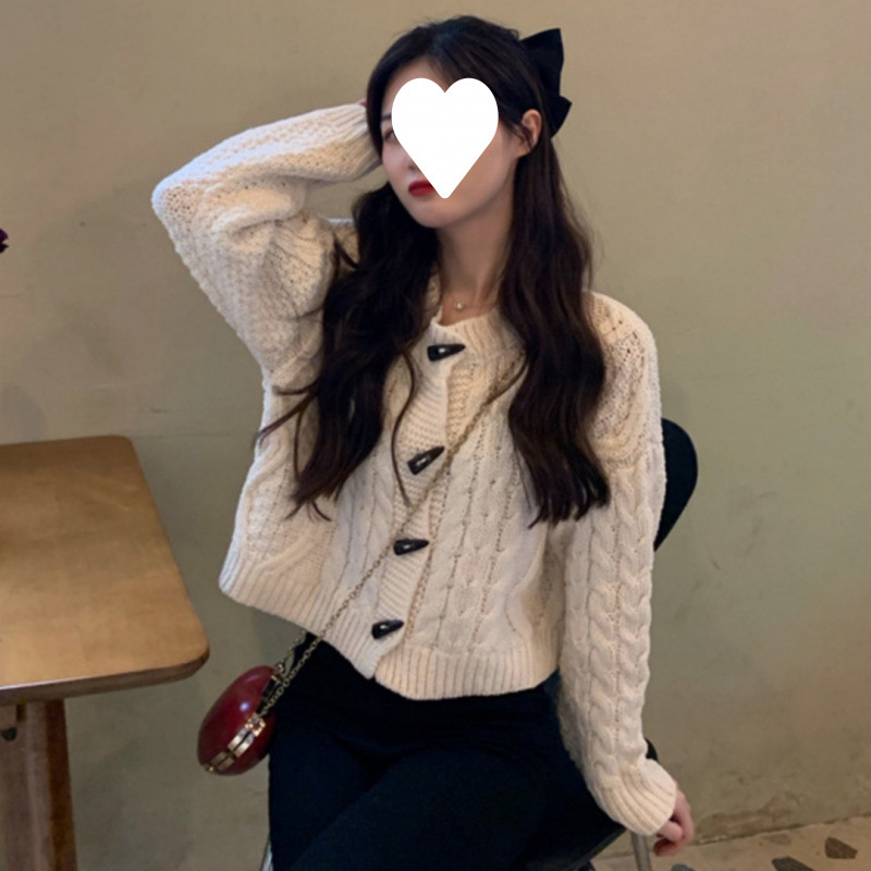 Suéter de torsión retro con cuerno de buey, cardigan de punto de otoño coreano, abrigo corto de estilo perezoso para mujeres