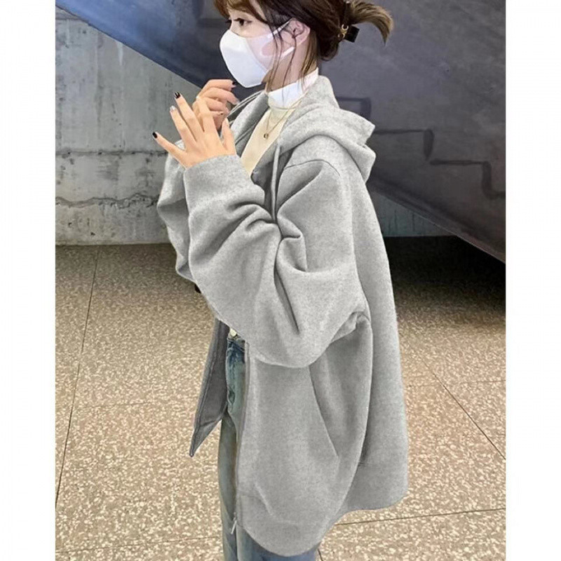 超显白纯色连帽卫衣女秋冬季加绒加厚宽松慵懒ins风拉链开衫外穿|undefined
