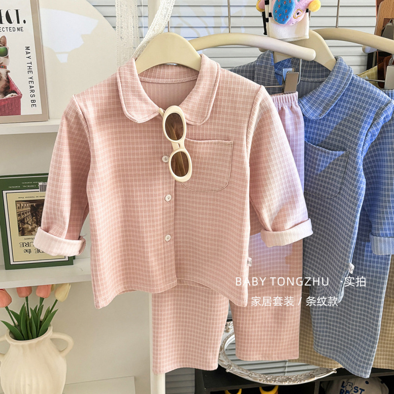 2025秋冬儿童睡衣套装韩版女童简约格子家居服男童翻领开衫两件套|undefined