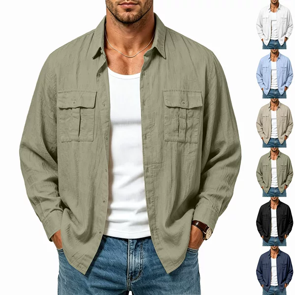 Cross-border European and American Amazon men's linen multi-pocket jacket, fashionable vacation casual loose-fitting collared long-sleeve shirt