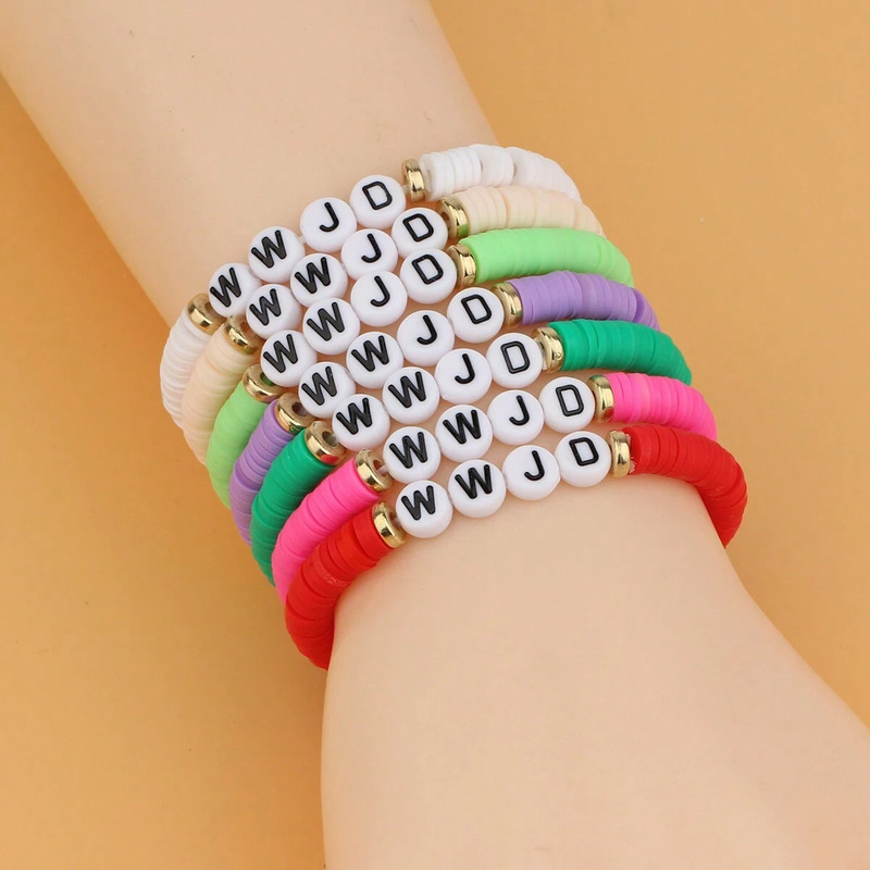 European and American Cross-border WWJD Ladies Handmade Soft Pottery Bracelet Fashion Elastic Jewelry Handstring Craft with Card Wholesale