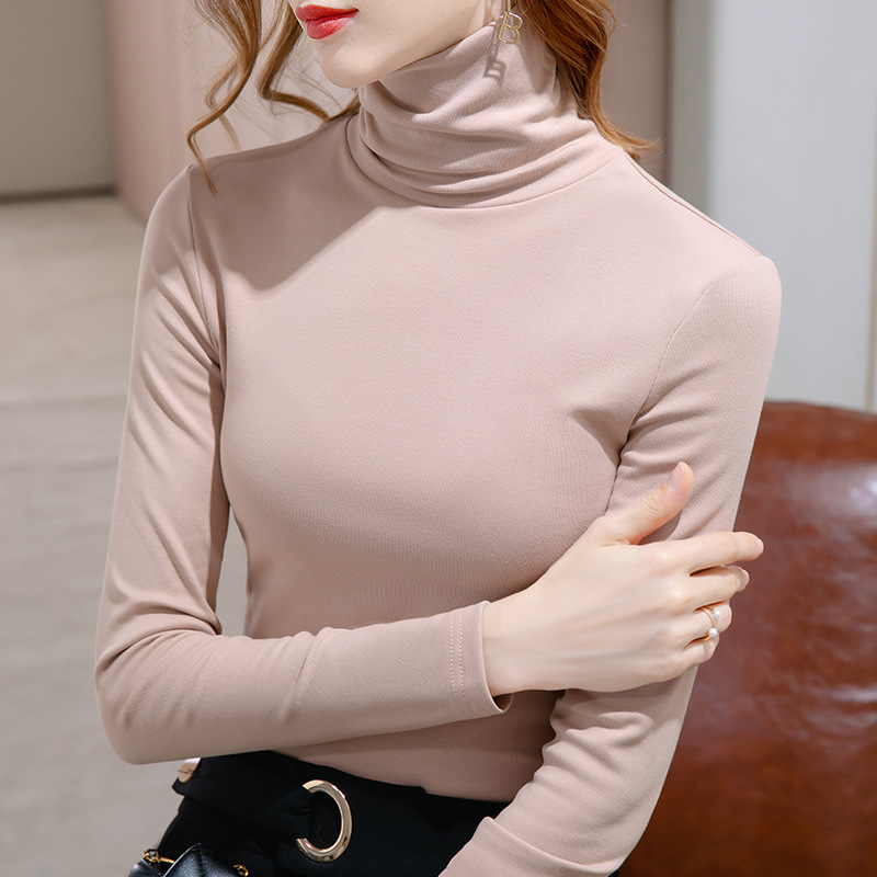 Camisa de fondo de cuello alto para mujer 2022 Otoño e Invierno Nueva Camiseta de manga larga de color sólido con forro polar cálido Cintura interior superior ajustada image 13