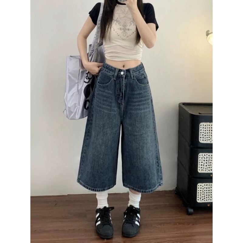 American Retro Wide-Leg Denim Cropped Pants for Women, Summer New Style, Plus-Size Loose Fit, Slimming Mid-Length Straight Pants American Retro Wide-Leg Denim Cropped Pants for Women, Summer New Style, Plus-Size Loose Fit, Slimming Mid-Length Straight Pants