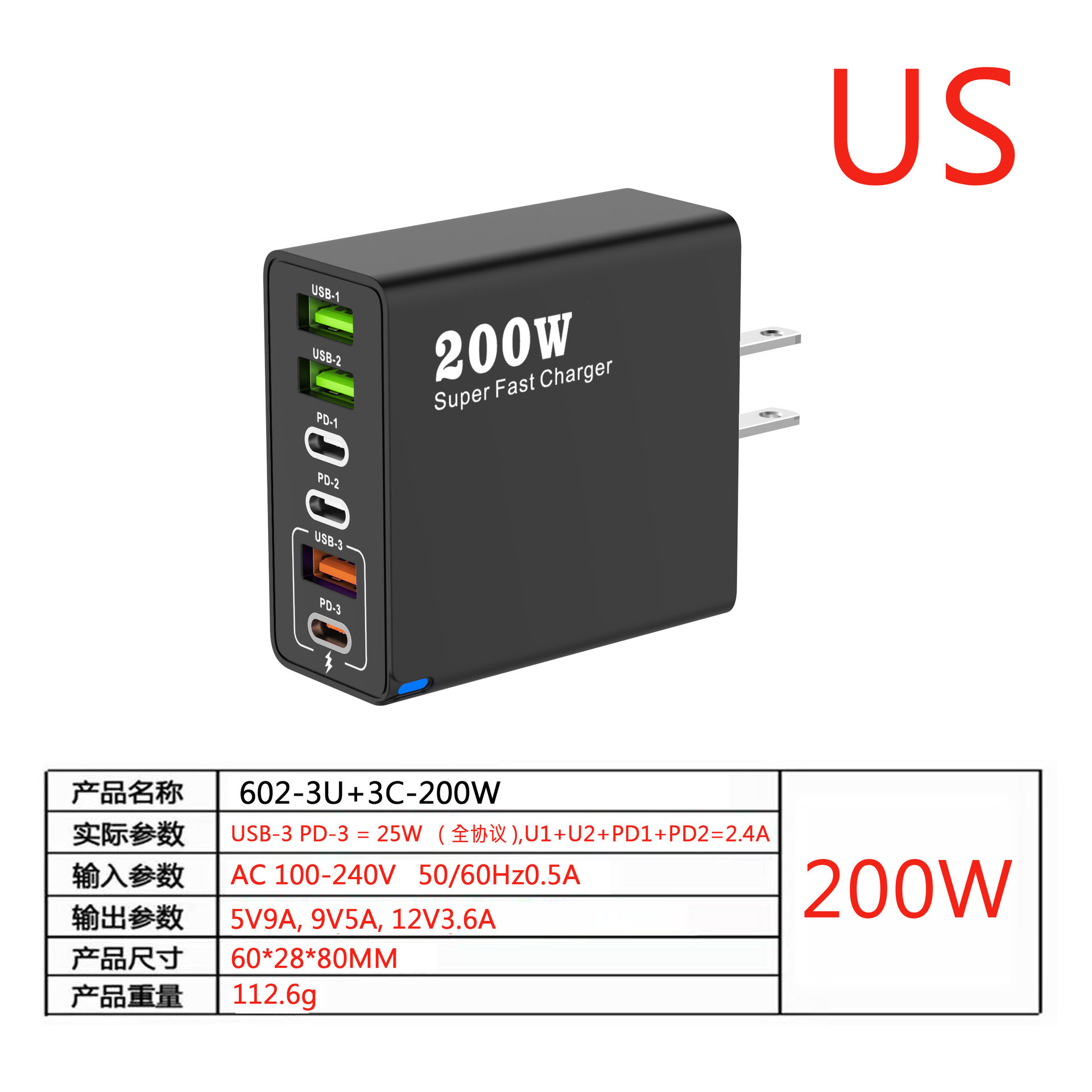 (602-3U+3C)-US regulations-200W-Black (United States)