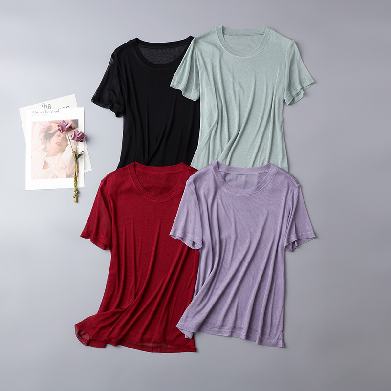 Silk classic solid color short sleeve T-shirt with a round collar