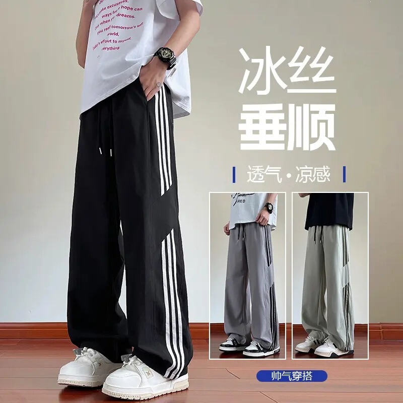 Striped Casual Pants for Men, New Spring and Autumn Style, Loose Fit for Teenagers and Students, American-Style Three-Stripe Pants for Men, Summer Striped Casual Pants for Men, New Spring and Autumn Style, Loose Fit for Teenagers and Students, American-Style Three-Stripe Pants for Men, Summer