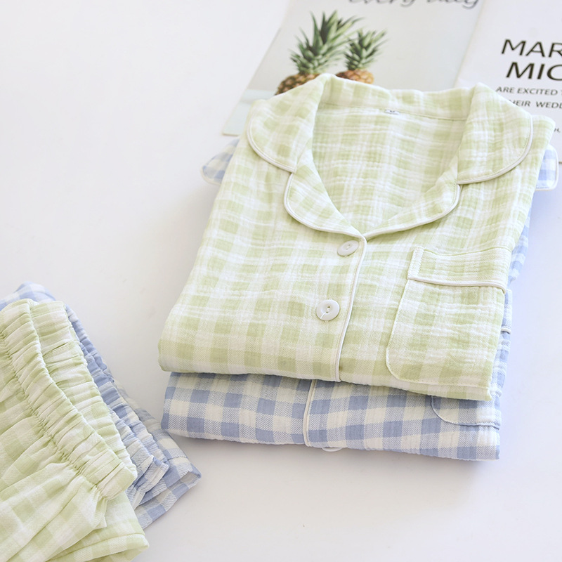 새로운 커플 잠옷 봄과 가을 순면 더블 거즈 긴 소매 남성과 여성의 격자 무늬 얇은 여름 부드러운 홈 옷