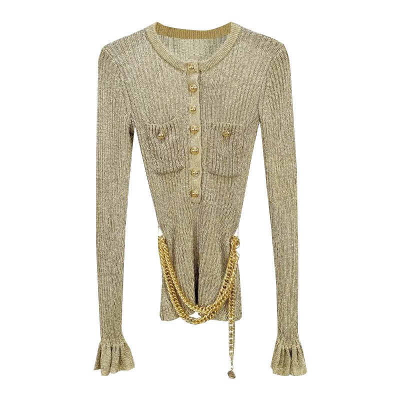 French Sp2025 New Autumn and Winter Golden Chain Knitwear Women's Trumpet Sleeve Slim Long-Sleeved Top