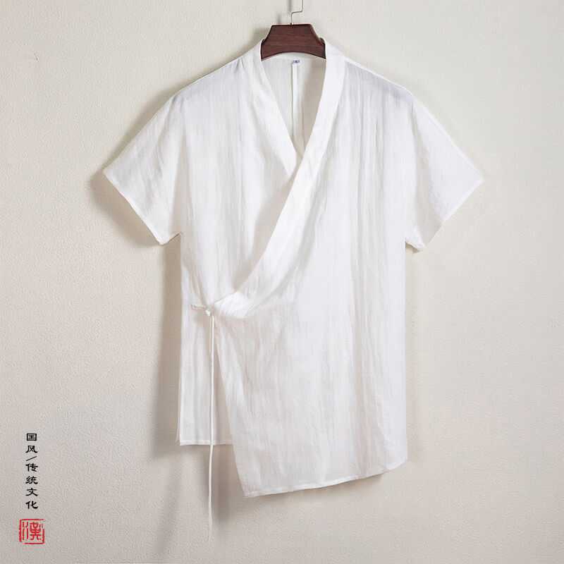 Summer Cotton and Linen Hanfu Shirt Men's Slant Placket with Shoulder Sleeve Chinese Traditional Linen Crossleeved Shirt Middle-aged and Young People's Inner Wear Summer Cotton and Linen Hanfu Shirt Men's Slant Placket with Shoulder Sleeve Chinese Traditional Linen Crossleeved Shirt Middle-aged and Young People's Inner Wear