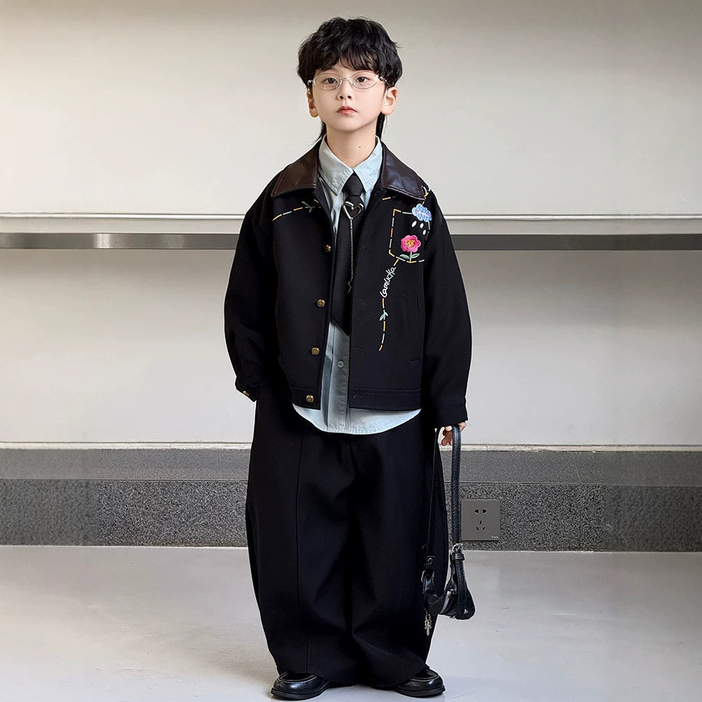 Boys' jacket, new autumn style, trendy and cool, with embroidered contrasting collar, stylish, casual, handsome, floral, fashionable, loose fit, available for wholesale