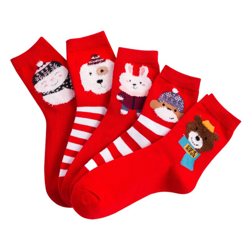 Calcetines de algodón de color puro calcetines de moda de dibujos animados a rayas de oso de media pantorrilla de mujer Festival de Primavera Año Nuevo rojo cumpleaños año festivo Calcetines