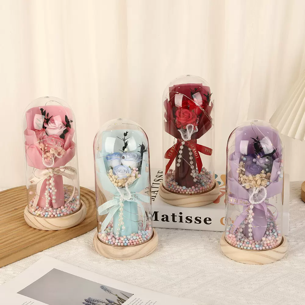 永生花珠链玻璃罩香皂花小夜灯生日礼物送女友情人节礼品仿真花