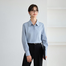 2025实拍新款蓝色暗门襟通勤衬衫女职场穿搭长袖复古港风职业衬衫