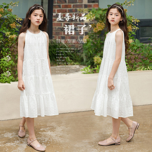 Women's Strap Dress Summer Sleeveless Lace-embroidered Cotton Dress  New Middle and Large Children's Fashion Princess Dress