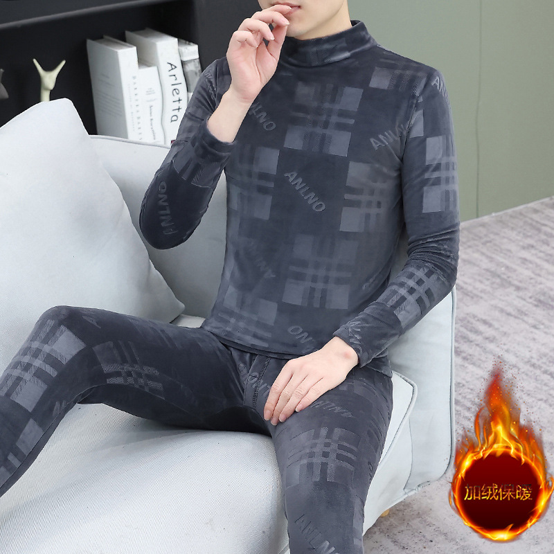 Winter Thermal Underwear Set for Men, Slim Fit Half-High Collar Pullover Base Layer Shirt, Gold Velvet Printed Long Pants 2-Piece Set