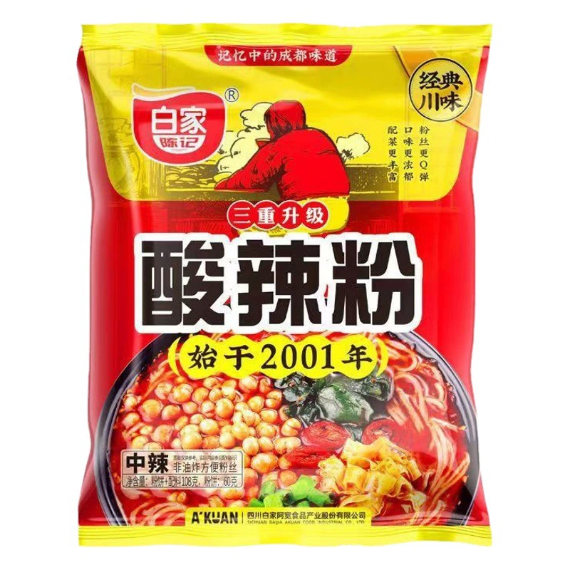 Бай Цзя Чэнь Цзи Кислые и острые фанаты Жирный порошок кишечника А Куань Чунцин Маленькая лапша Красное масло Лапша бочкообразные сумки 108 г Вентиляторы