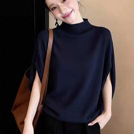 高级感气质半高领蝙蝠袖短袖针织衫女夏季大码胖独特巨好看上衣