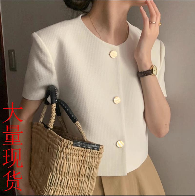 Corea del Sur chic verano estilo chanel cuello redondo de un solo pecho casual todo partido manga soplo abrigo corto de las mujeres chal