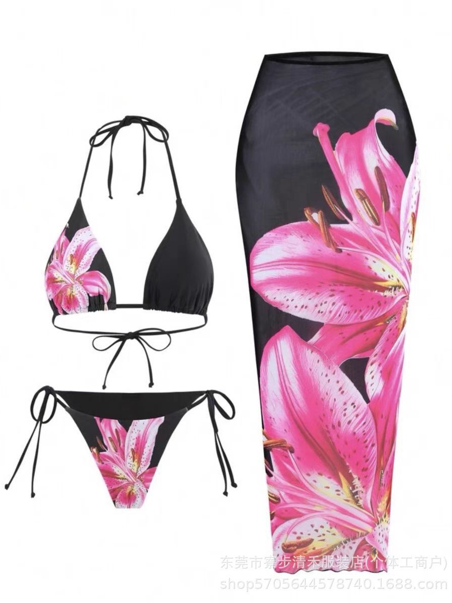 Shein sexy bikini de pecho grande y pequeño 2025 nuevo estilo halter cinturón cintura baja traje de baño de mujer dividido cola al por mayor