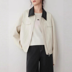 ELLE法式撞色翻领短款夹克式外套女2025冬季新款休闲通勤独特上衣