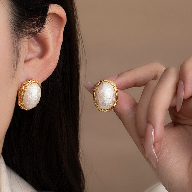 Exquisite 925 Silver Needle Pearl Drop Earrings Gold Texture Style_voghion.com