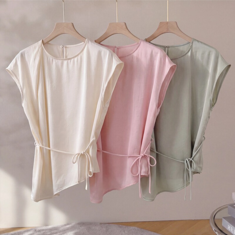French-Style Elegant Round-Neck Silk Shirt for Women, Summer Commute, Mature Style, Tie-Up, Slimming, Silk Flutter Sleeve Top