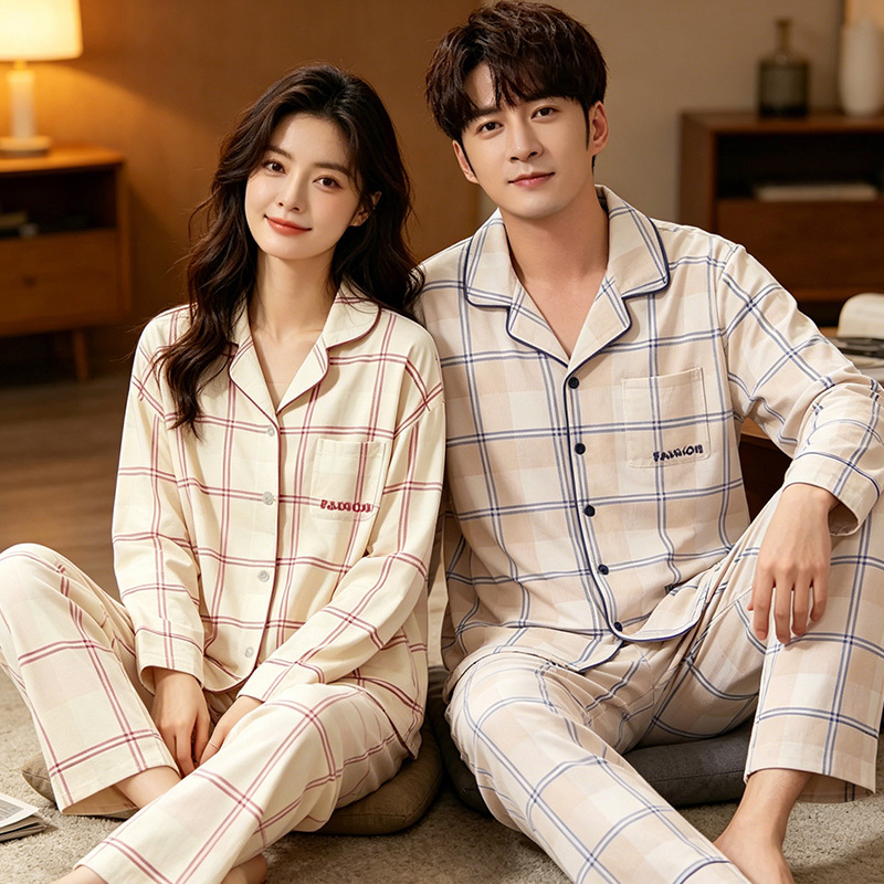 Imitation cotton long-sleeve and long-pants couple's summer pajamas, women's summer cardigan, loose-fitting, turn-down collar, can be worn outside, home wear set Imitation cotton long-sleeve and long-pants couple's summer pajamas, women's summer cardigan, loose-fitting, turn-down collar, can be worn outside, home wear set