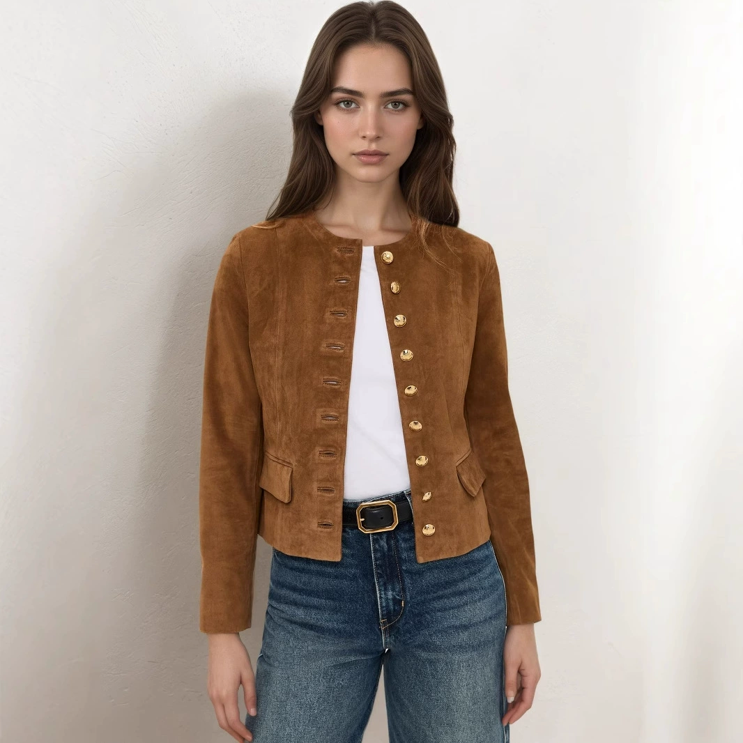 Модная классическая однобортная короткая универсальная куртка из замши с воздушной подкладкой в европейско-американском стиле для осени.