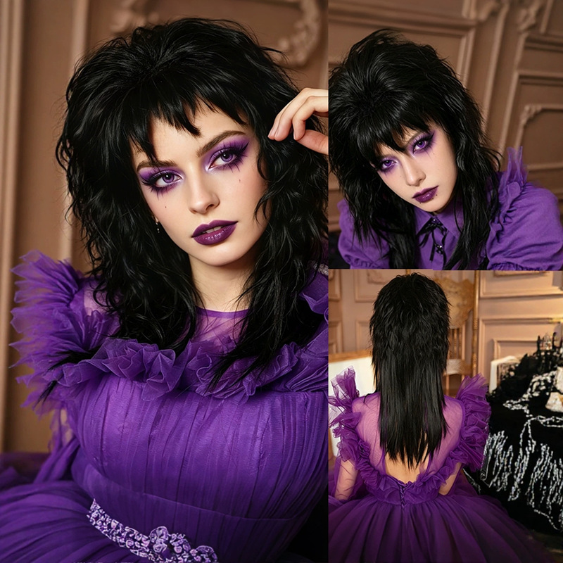 Halloween Gothic Black Wolf Tail Wig for Women, High-End Mullet Style, Full Head Cover, Dark Rock Halloween Gothic Black Wolf Tail Wig for Women, High-End Mullet Style, Full Head Cover, Dark Rock