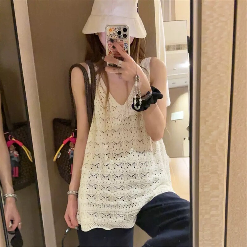 Sweet Hollow-Out Crochet Knit Vest Dress, New Summer Style, Loose Niche Outerwear Vest, Korean Style Simple Top, Trendy Sweet Hollow-Out Crochet Knit Vest Dress, New Summer Style, Loose Niche Outerwear Vest, Korean Style Simple Top, Trendy