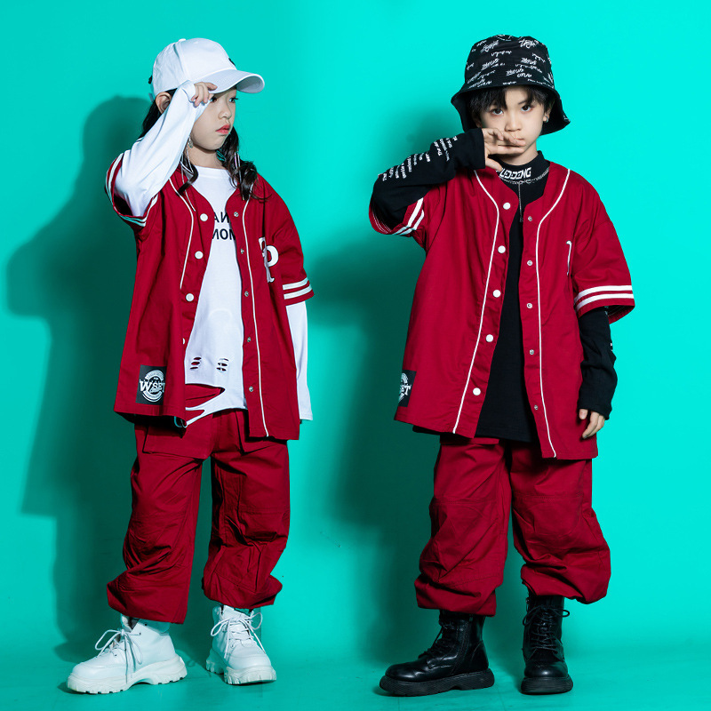 Ropa de moda para niños de hip-hop, ropa de béisbol roja, ropa de actuación de hip-hop para niños y niñas
