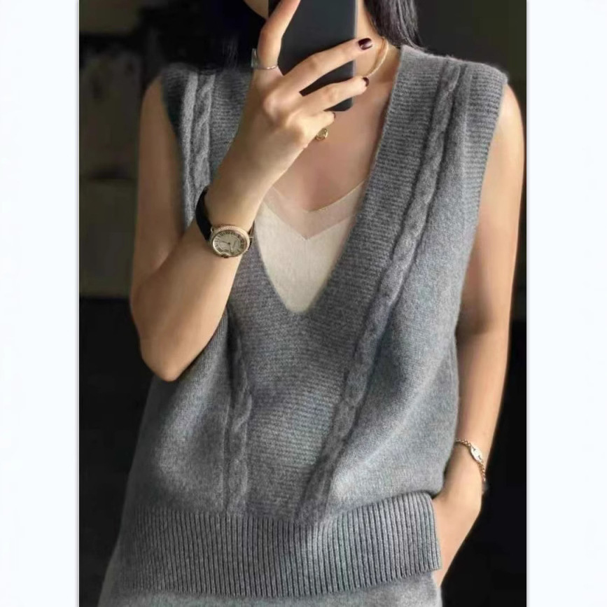 Otoño de las nuevas mujeres con cuello en v chaleco suelto más tamaño suéter de punto estilo coreano lana peinada chaleco torcido