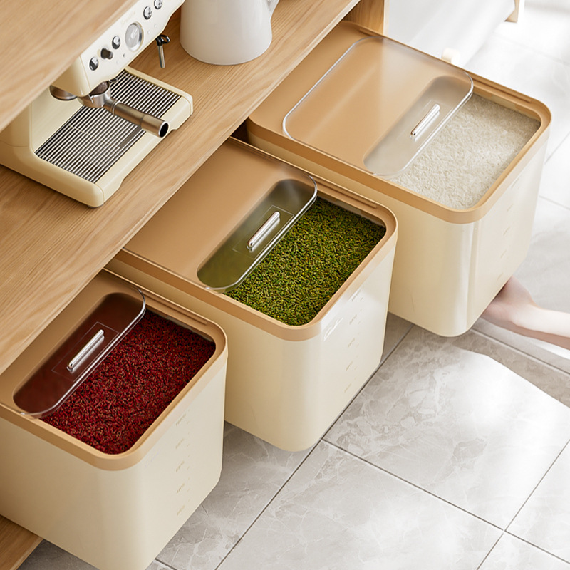 gran contenedor de almacenamiento de harina de arroz en barril de arroz doméstico, caja de almacenamiento de arroz de grado alimenticio, caja de barril de arroz tipo push-pull