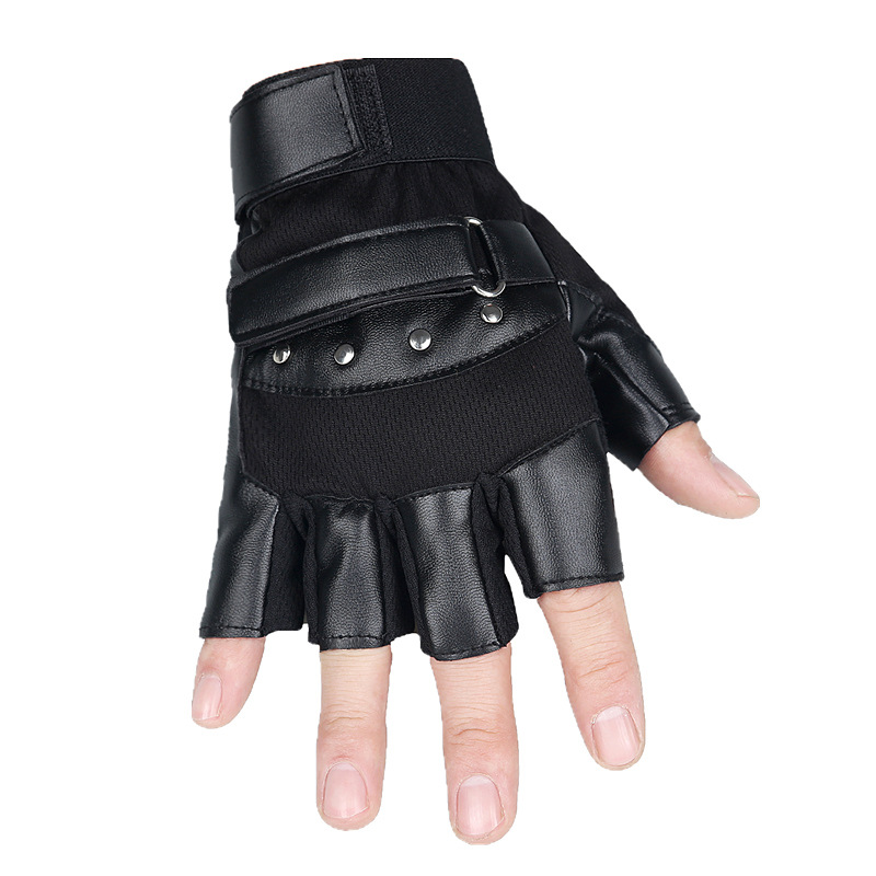 Guantes de piel de oveja medio dedo deportes de los hombres antideslizante fitness táctico al aire libre remache dedo abierto montar motocicleta medio dedo guantes