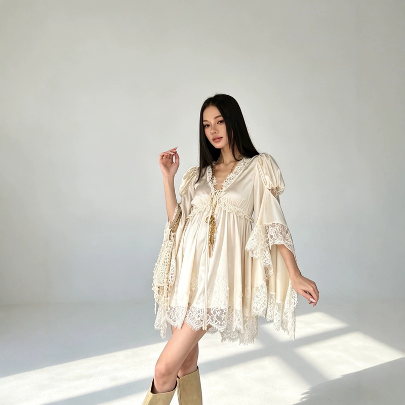 Vietnamese niche satin lace V-neck dress, summer pure desire style with patchwork, drawstring waist, and flowing short skirt Vietnamese niche satin lace V-neck dress, summer pure desire style with patchwork, drawstring waist, and flowing short skirt