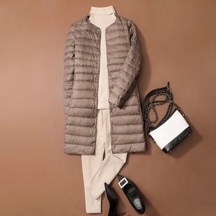 Cross-Border Lightweight down Jacket for Women, Mid-Length Autumn and Winter New Round Neck Long Coat, Collarless Convertible V-Neck Liner