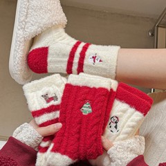 24冬の新商品クリスマス靴下漫画刺繍雪だるまサンタクロース豪毛女中筒靴下保温床靴下