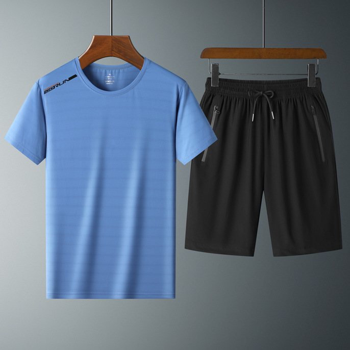 Ropa de verano de secado rápido traje de manga corta deportiva para hombres talla grande Camiseta de seda de hielo pantalones de estudiante traje de tres piezas