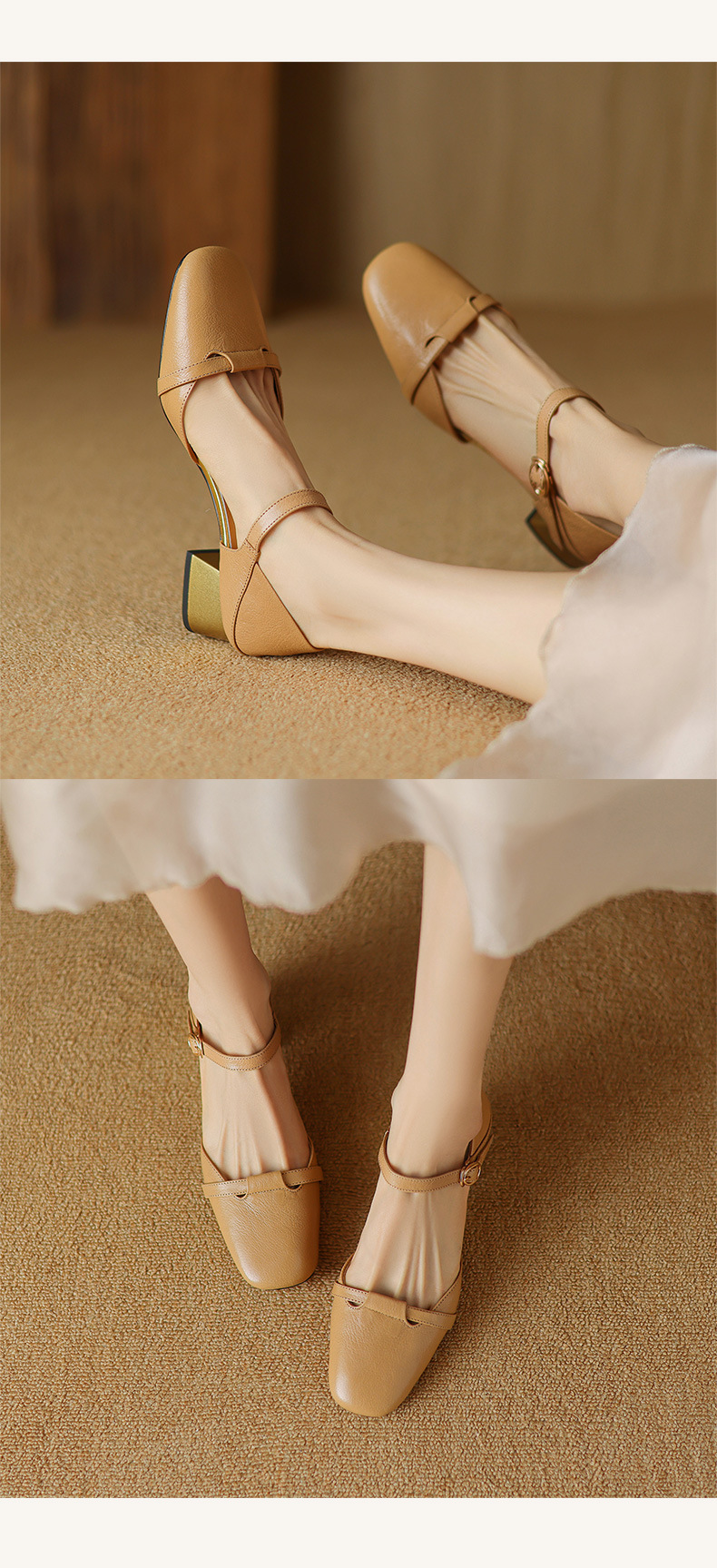 Sandal nữ bít mũi da bò thật quai chữ V đế thấp — Màu caramel chi tiết 11