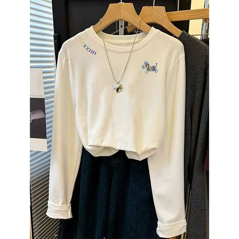 Nuomi Rong [Rainbow Trojan Horse·Embroidery] Long-Sleeve Women's Autumn Top with Regular Shoulders and Loose Fit in White
