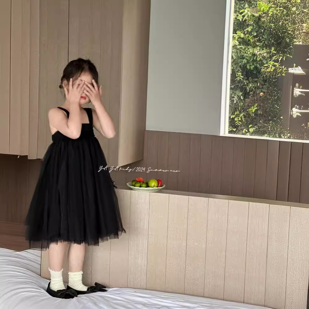 女童吊带裙夏季新品韩系黑色气质纱裙儿童设计感小众抹胸公主裙潮