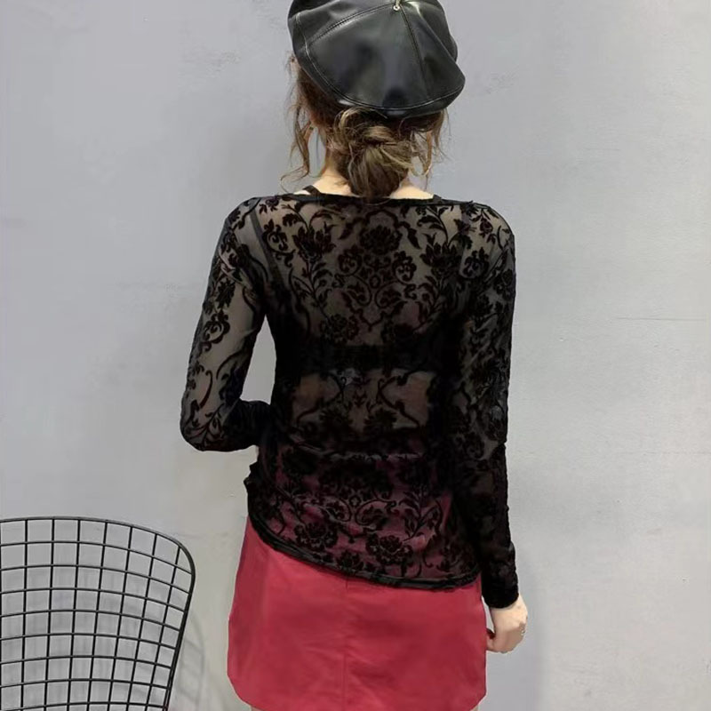 "Beflocktes V-Ausschnitt-Langarmshirt aus Mesh – Sonnenschutzbluse aus Hohlspitze für Damen"_voghion.com