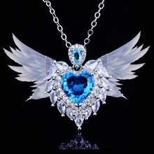 抖音直播新款高定珠寶設計款天使之翼吊墜仿真海藍寶翅膀心形項鏈