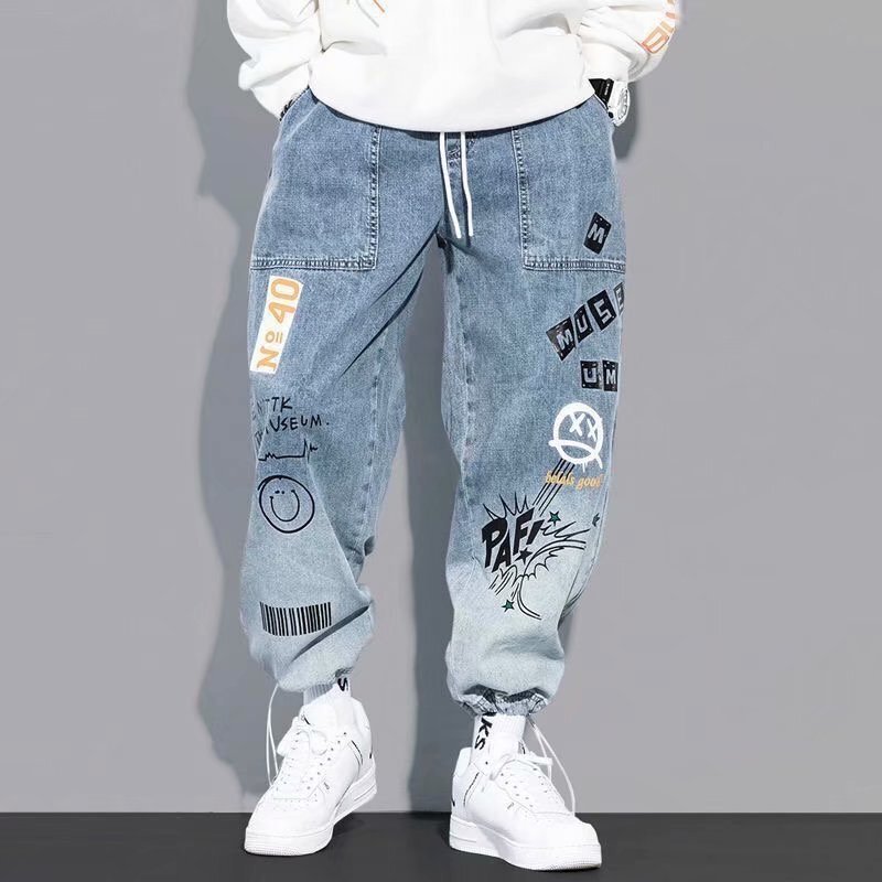Korean-style YOA Spring and Autumn Letter Printed Jeans Men's Loose Cartoon Graffiti Ankle Pants Instagram Style Drawstring Trendy Pants